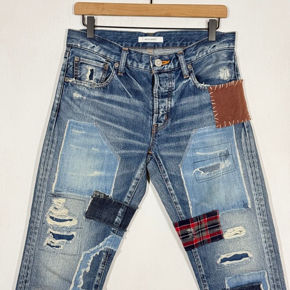 Moussy VIntage Patchwork Jeans Size 27 Blue Denim Button Fly Distressed Boho - Picture 3 of 11